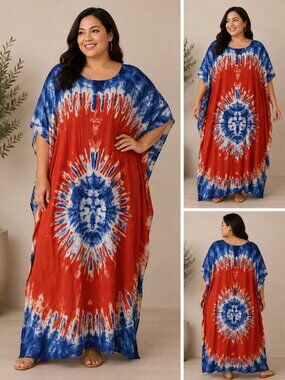 Red & Blue Tie-Dye Maxi Kaftan